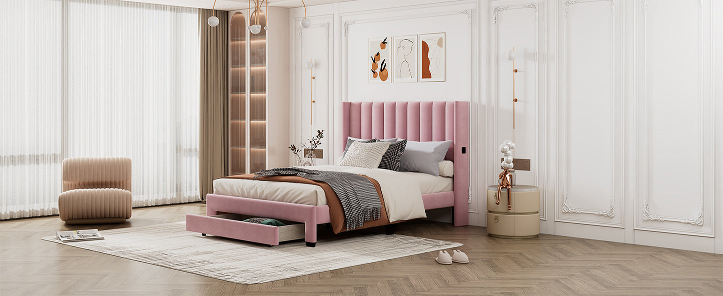 Queen Size Storage Bed Velvet Upholstered Platform Bed with a Big Drawer - Pink