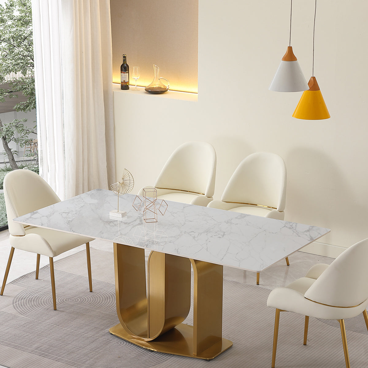 71" Contemporary Dining Table in Gold with Sintered Stone Top and  U shape Pedestal Base in Gold finish