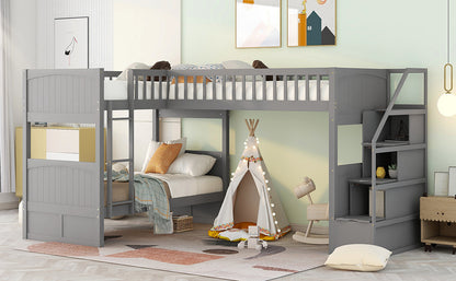 Twin over Twin Wooden L-Shaped Bunk Bed with Ladder and Stairway,Grey(OLD SKU:SM000303AAE-1)