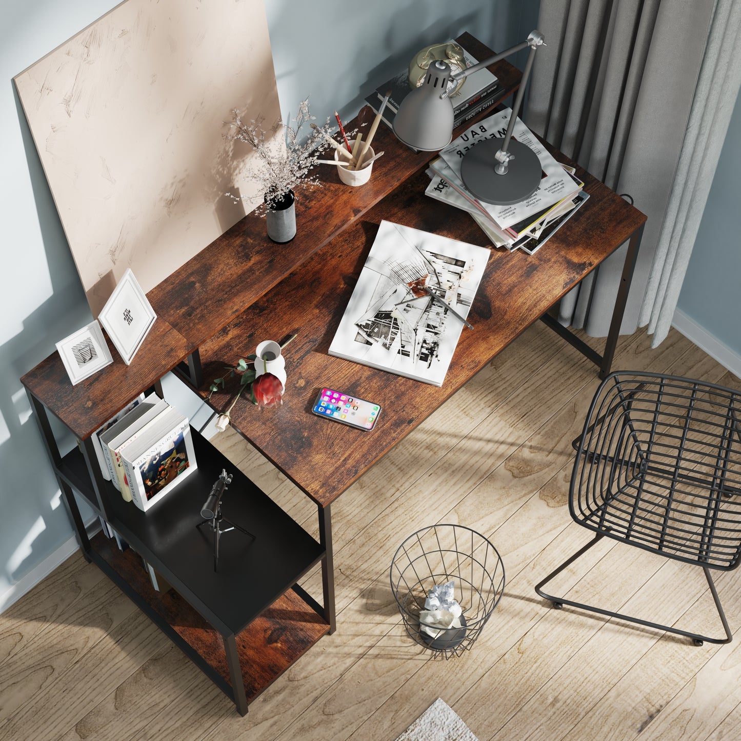 Computer Desk with Storage Shelves（Rustic Brown+Black）