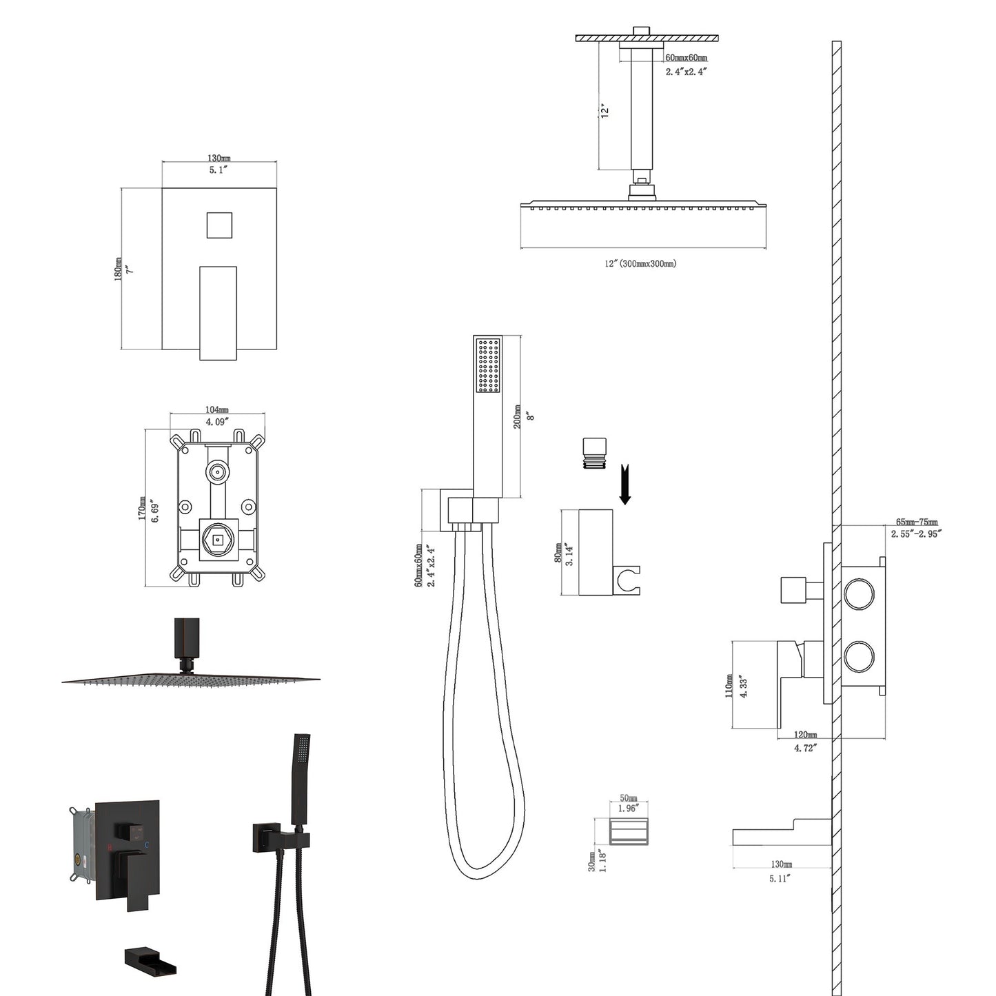 12" Rain Shower Head Systems with Waterfall Tub Spout ,Oil Rubber Bronze,Ceiling Mounted shower