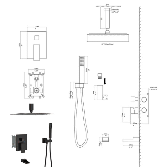 12" Rain Shower Head Systems with Waterfall Tub Spout ,Oil Rubber Bronze,Ceiling Mounted shower