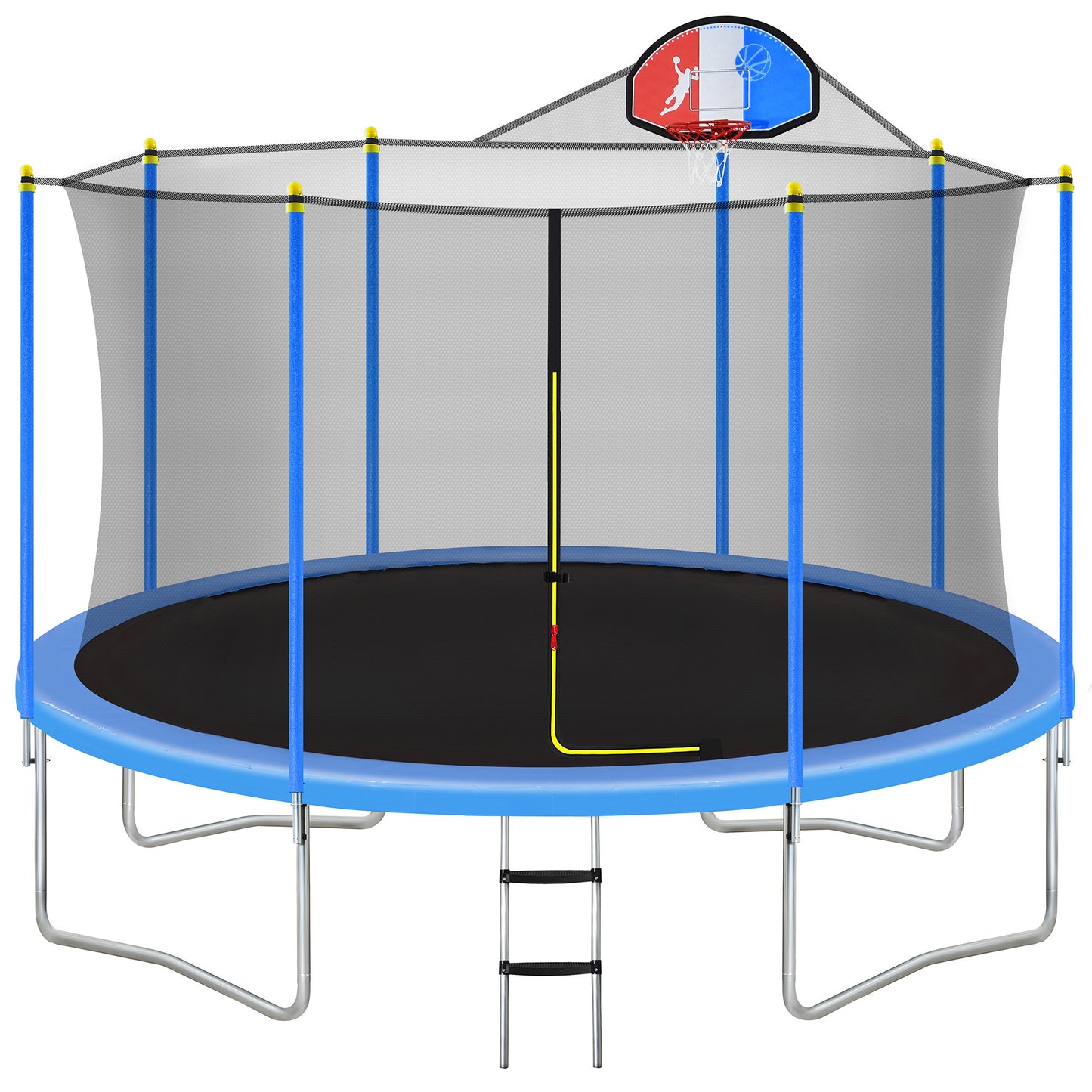 14FT Trampoline for Kids with Safety Enclosure Net, Basketball Hoop and Ladder, Easy Assembly Round Outdoor Recreational Trampoline