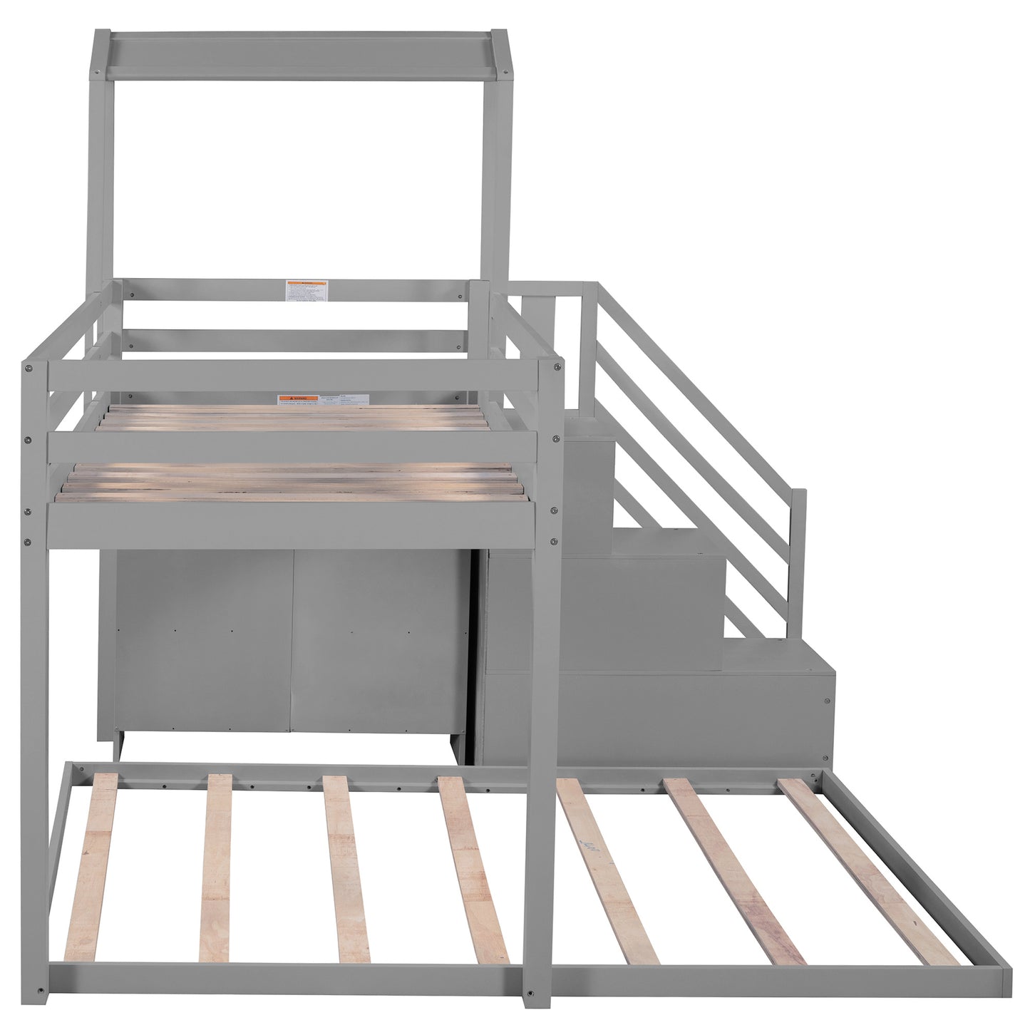 Twin over Full House Roof Bunk Bed with Staircase and Shelves, Gray