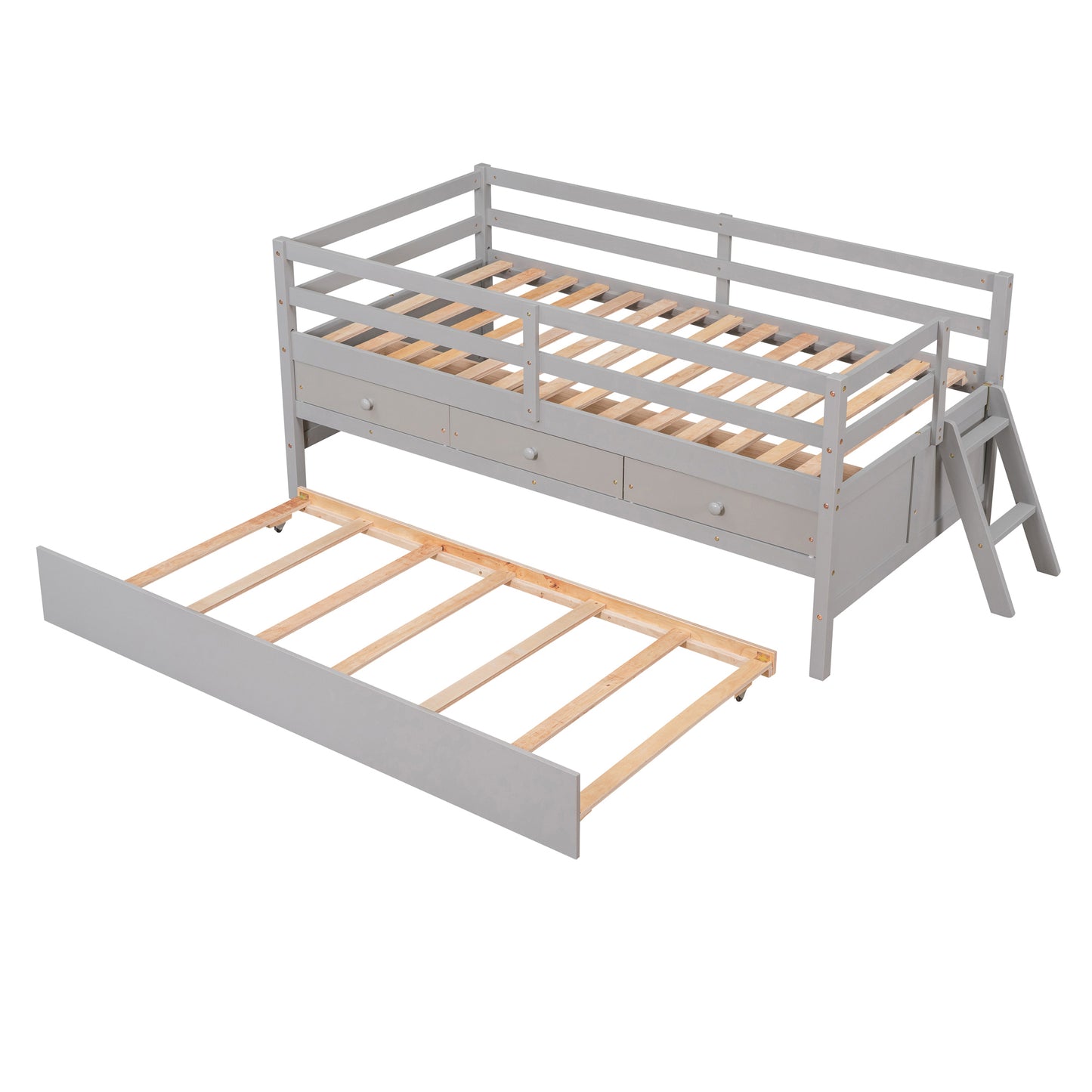 Low Loft Bed Twin Size with Full Safety Fence, Climbing ladder, Storage Drawers and Trundle Gray Solid Wood Bed