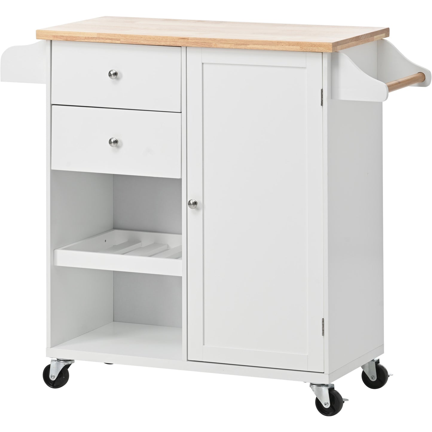 K&K Store Kitchen Cart with Spice Rack ,Towel Rack & Two Drawers,Rubber wood top,Kitchen Island with 4 Wheels for Dining Rooms Kitchens Living Rooms, White