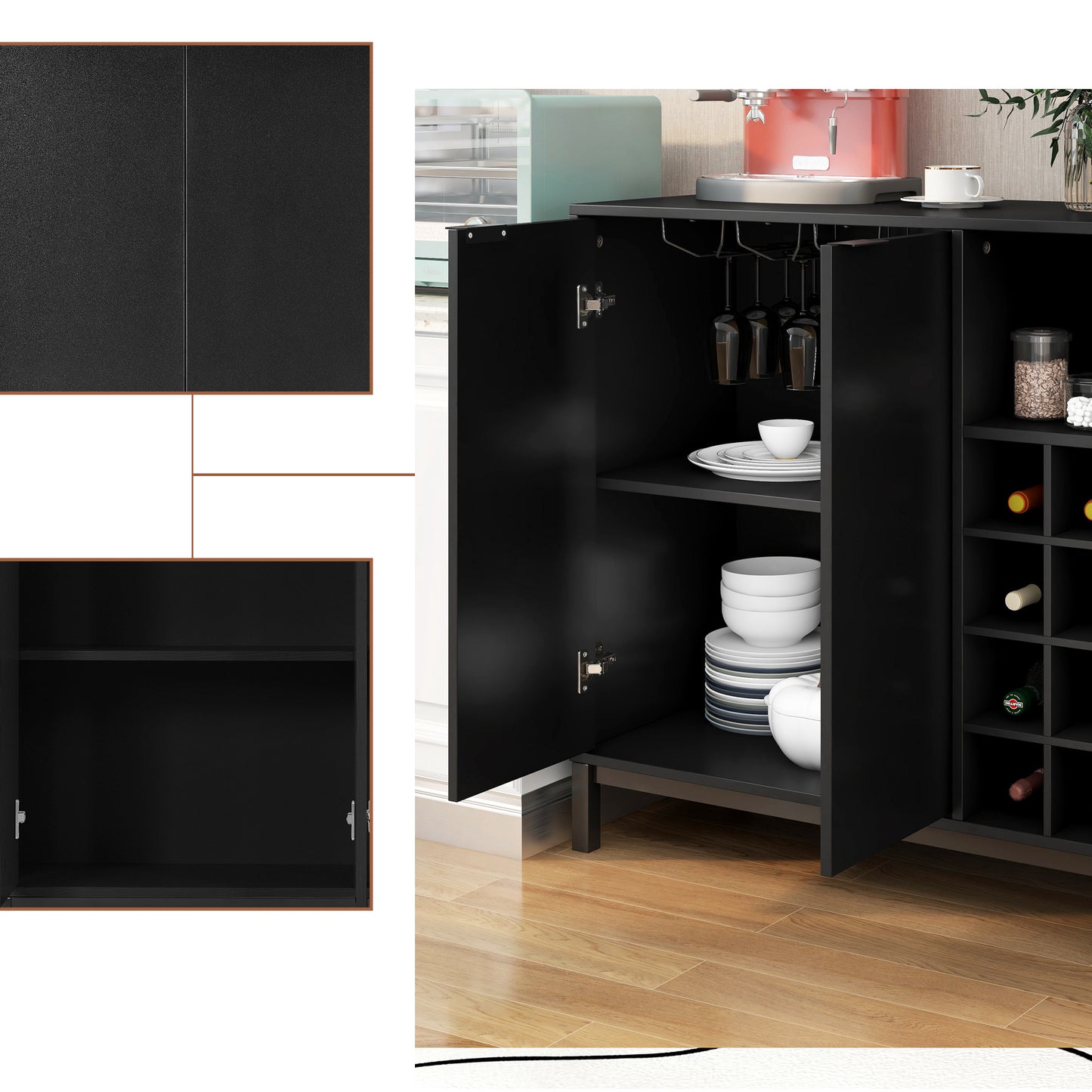 K&K Sideboards and Buffets With Storage Coffee Bar Cabinet Wine Racks Storage Server Dining Room Console 34 Inch（Black）