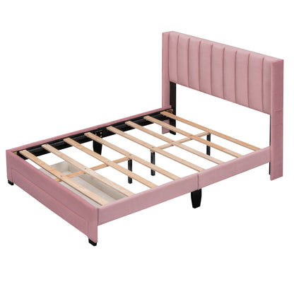 Full Size Storage Bed Velvet Upholstered Platform Bed with a Big Drawer - Pink