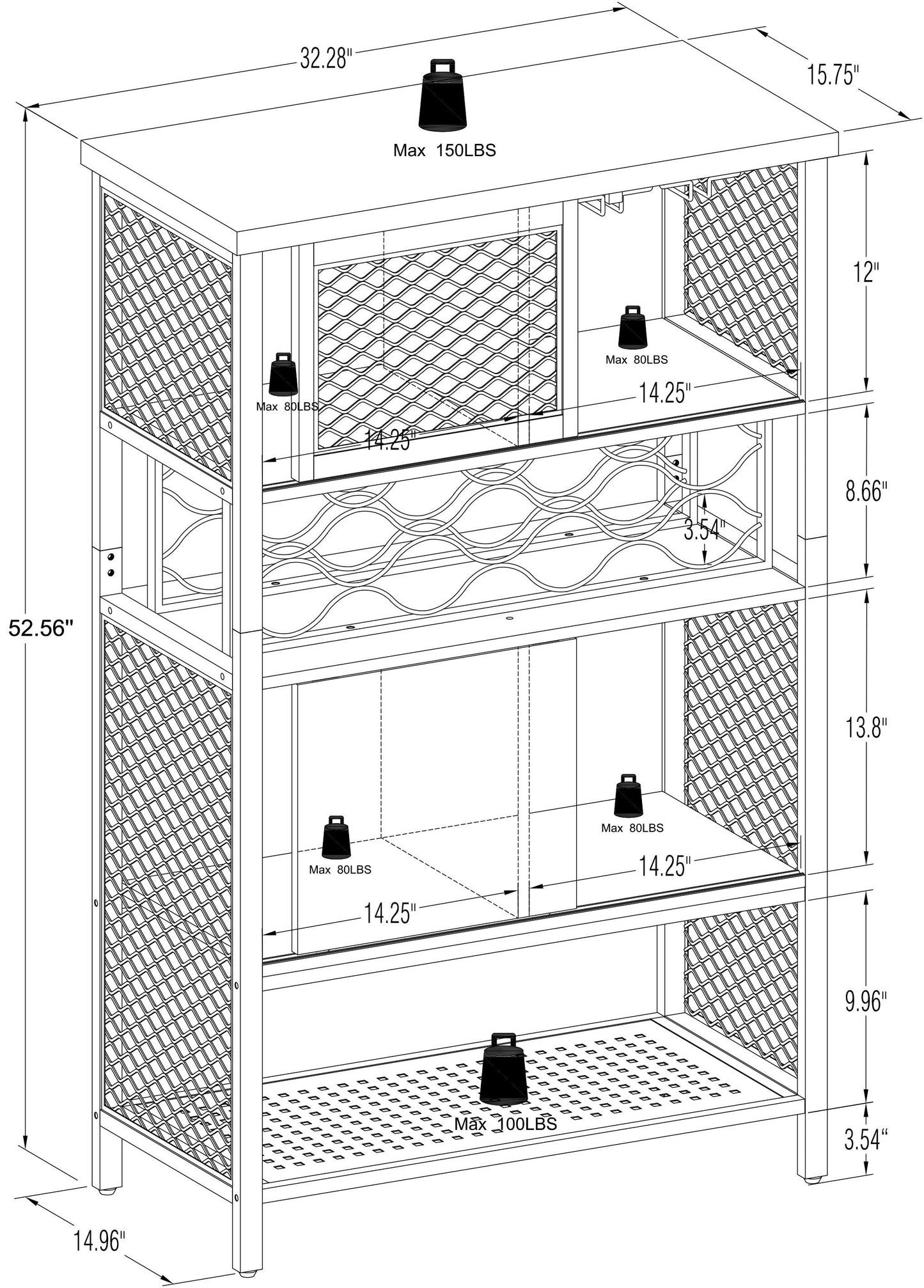 Industrial Bar Cabinet with Wine Rack for Liquor and Glasses, Wood and Metal Cabinet for Home Kitchen Storage Cabinet