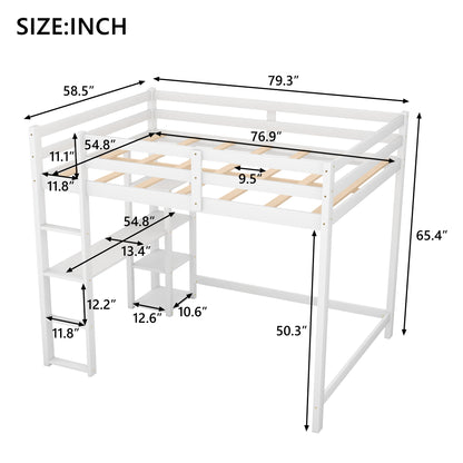 Full Size Loft Bed with Built-in Desk and Shelves,White