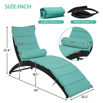 GO Patio Wicker Sun Lounger, PE Rattan Foldable Chaise Lounger with Removable Cushion and Bolster Pillow, Black Wicker and Turquoise Cushion (2 sets)