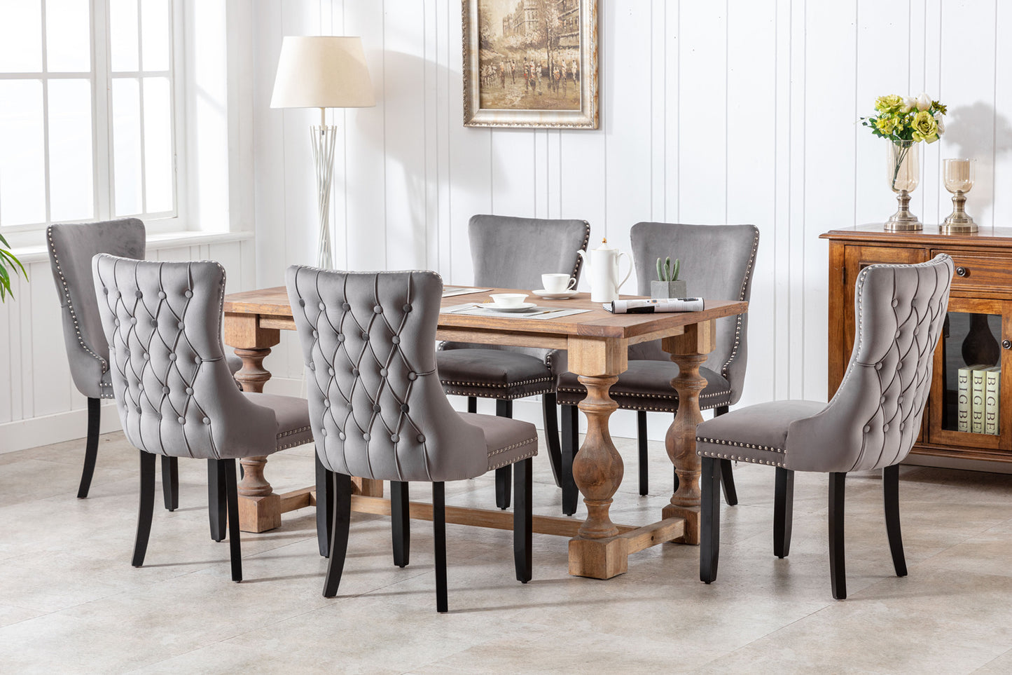 A&A Furniture,Upholstered Wing-Back Dining Chair with Backstitching Nailhead Trim and Solid Wood Legs,Set of 2, Gray,8809GY,  KD