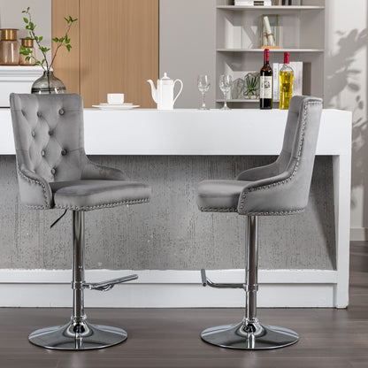 Swivel Velvet Barstools Adjusatble Seat Height , Modern Upholstered Bar Stools with Backs Comfortable Tufted for Home Pub and Kitchen Island（Gray,Set of 2）