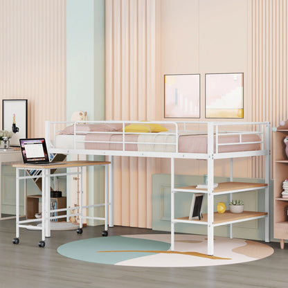 Twin Size Metal Loft Bed with Desk and Shelves,White