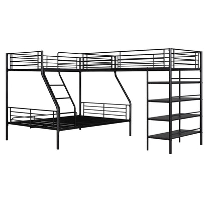 L-Shaped Metal Twin over Full Bunk Bed and Twin Size Loft Bed with Four Built-in Shelves,Black