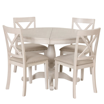 Modern Dining Table Set for 4,Round Table and 4 Kitchen Room Chairs,5 Piece Kitchen Table Set for Dining Room,Dinette,Breakfast Nook,Antique White