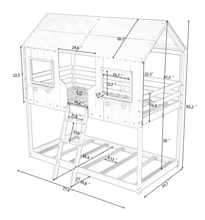 Twin Over Twin Bunk Bed Wood Bed with Roof, Window, Guardrail, Ladder (Gray)(OLD SKU :LP000045AAE)