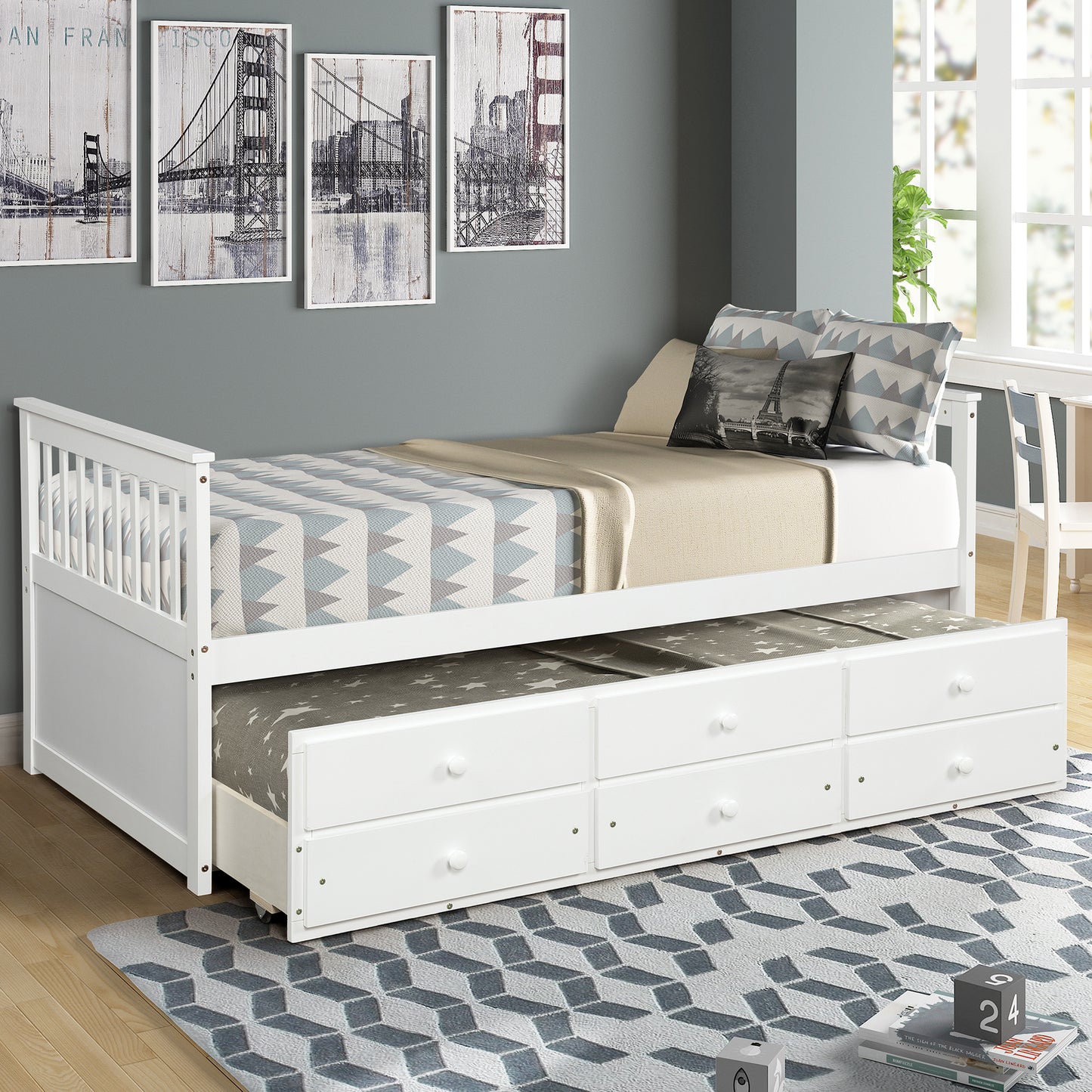 TOPMAX Captain's Bed Twin Daybed with Trundle Bed and Storage Drawers, White