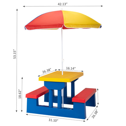 Kids Picnic Table with Removable Umbrella, Indoors and Outdoors Table and Bench Set for Toddlers, Garden Backyard, Red Yellow and Blue
