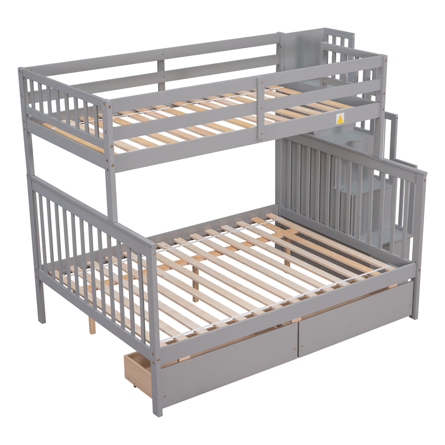 Twin Over Full Bunk Bed with 2 Drawers and Staircases, Convertible into 2 Beds, the Bunk Bed with Staircase and Safety Rails for Kids, Teens, Adults, Grey