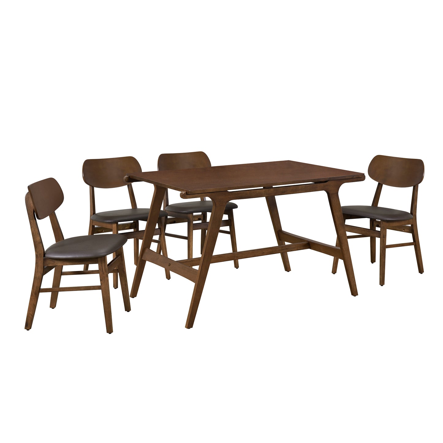 TREXM 5-Piece Mid-Century Style Dining Table Set Kitchen Table with 4 Faux Leather Dining Chairs (Brown)