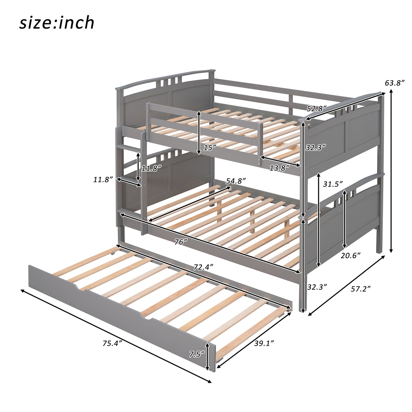 Full-Over-Full Bunk Bed with Twin size Trundle , Separable Bunk Bed for Bedroom - Grey