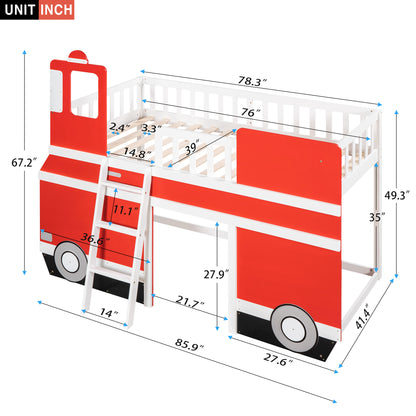 Twin Size Bus Shaped Loft Bed with Underbed Storage Space,Red