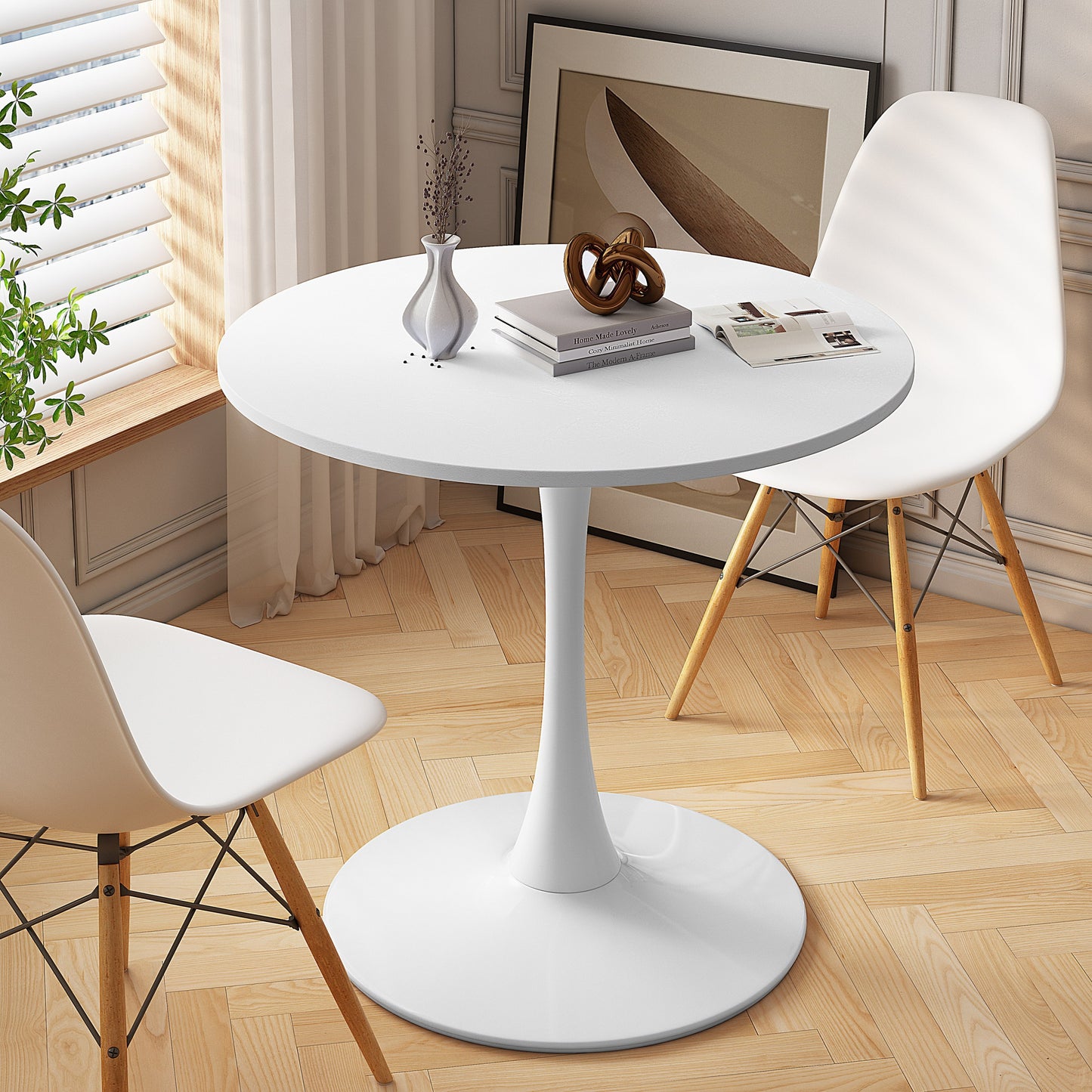 32"Modern Round Dining Table with Round MDF Table Top,Metal Base Dining Table, End Table Leisure Coffee Table,White