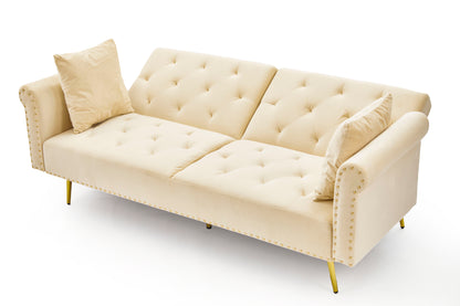 Beige velvet nail head sofa bed with throw pillow and midfoot