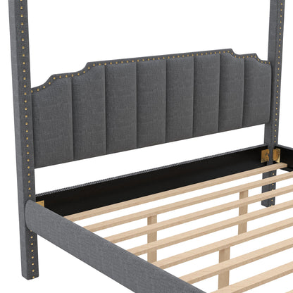 King Size Upholstery Canopy Platform Bed with Headboard,Support Legs,Gray