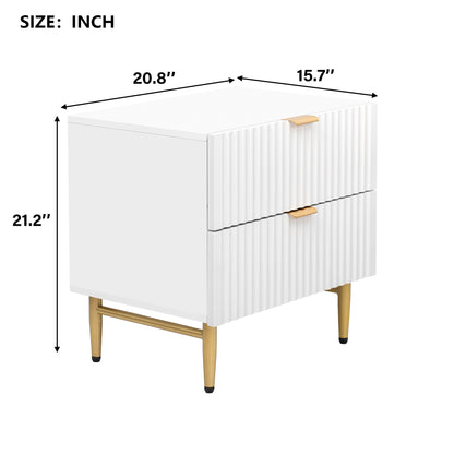 Nightstand with 2 Drawers & Golden Handle，Storage Bedside Table - White