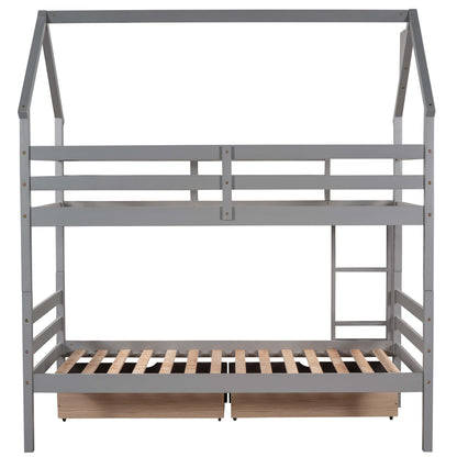 Twin over Twin House Bunk Bed with Two Drawers and Chimney Design,Gray