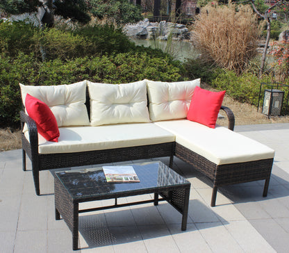 Outdoor patio Furniture sets 3 piece Conversation set wicker Ratten Sectional Sofa With Seat Cushions(Beige Cushion)