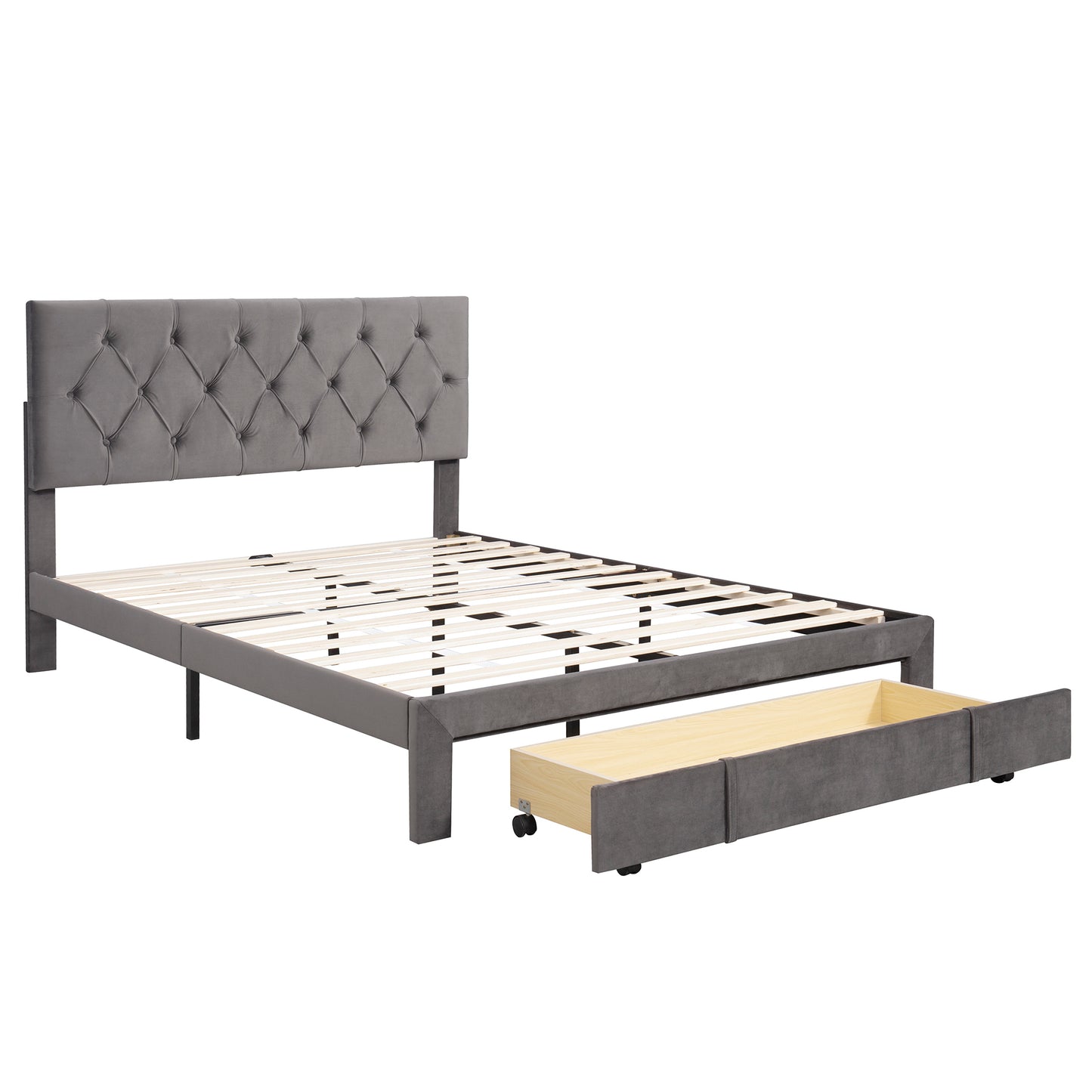 Queen Size Storage Bed Velvet Upholstered Platform Bed with a Big Drawer - Grey