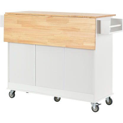 Rolling Mobile Kitchen Island with Solid Wood Top and Locking Wheels，52.7 Inch Width，Storage Cabinet and Drop Leaf Breakfast Bar，Spice Rack, Towel Rack & Drawer （White）