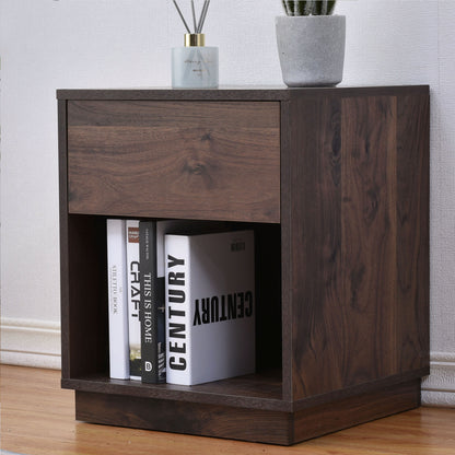 Mid-Century Modern Nightstand End Table Open Storage with  One Drawer, Dark Brown