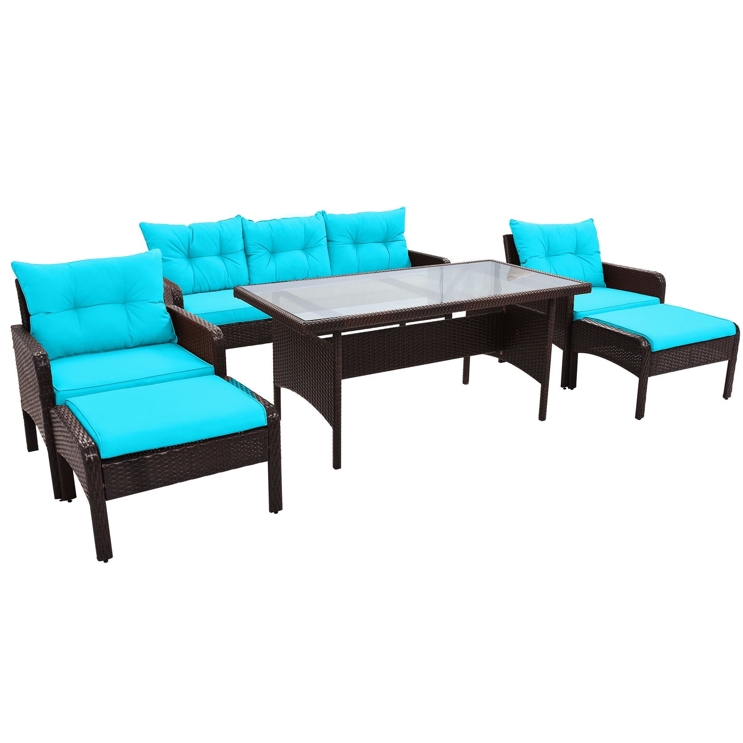 TOPMAX 6-Piece Outdoor Patio PE Wicker Rattan Sofa Set Dining Table Set with Removable Cushions and Tempered Glass Tea Table for Backyard, Poolside, Deck, Brown Wicker+Blue Cushion