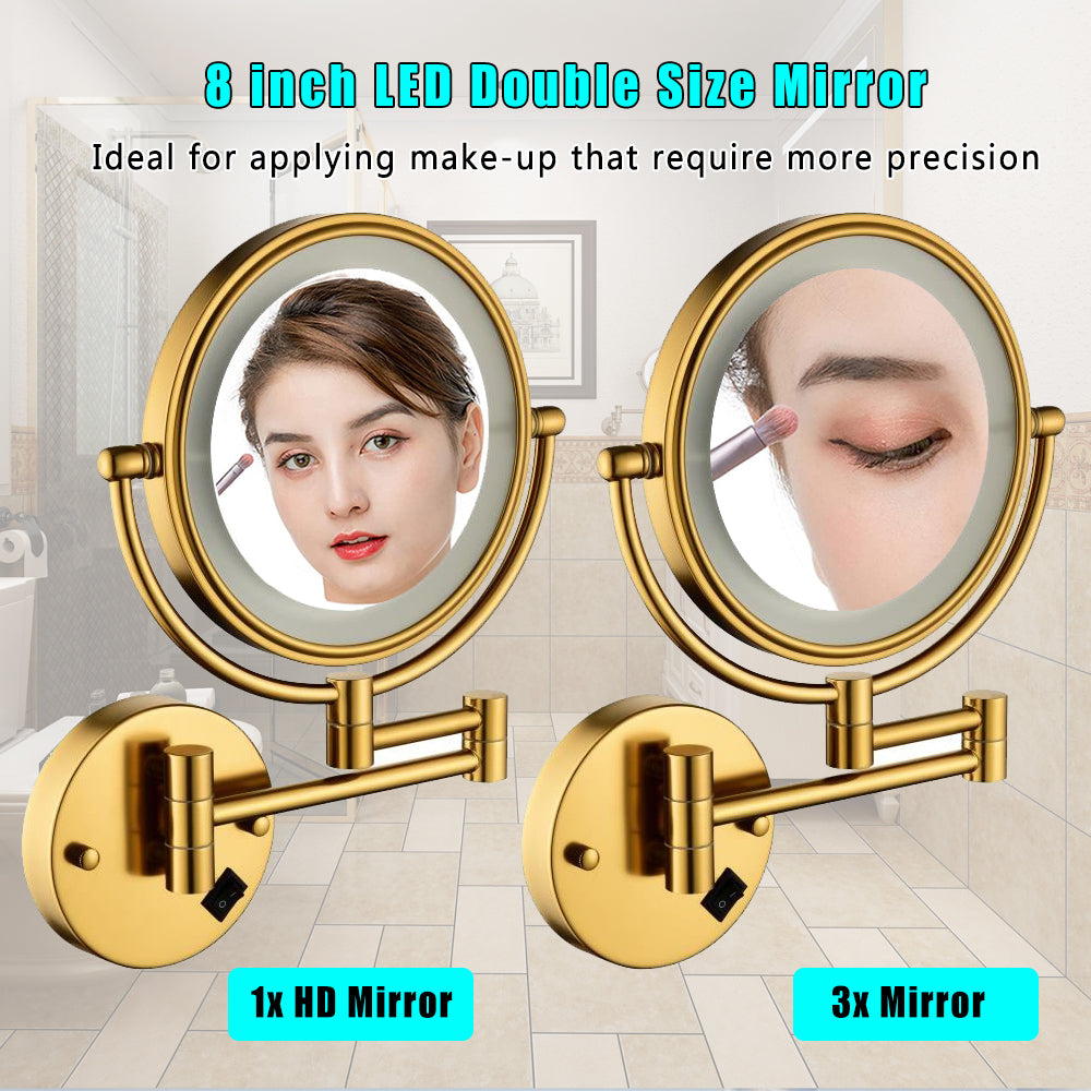8 Inch LED Wall Mount Two-Sided Magnifying Makeup Vanity Mirror 12 Inch Extension Gold Finish 1X/3X Magnification Plug 360 Degree Rotation Waterproof Button Shaving Mirror