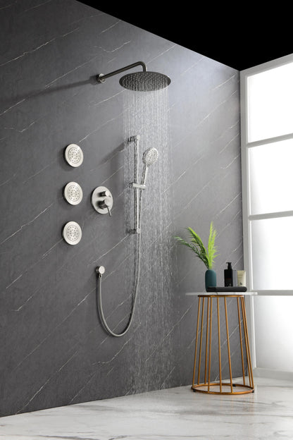 Shower System with Shower Head, Hand Shower, Slide Bar, Bodysprays, Shower Arm, Hose, Valve Trim, and Lever Handles