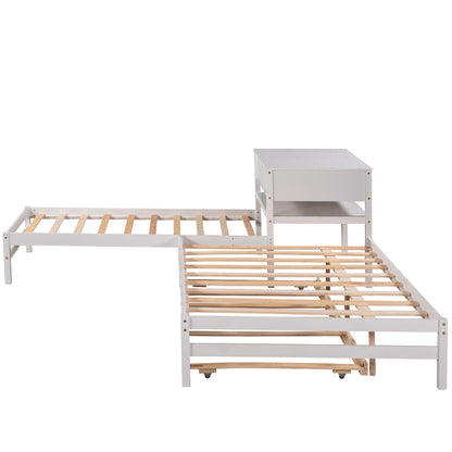 L-Shaped Full Size and Twin Size Platform Beds with Twin Size Trundle and Drawer Linked with Built-in Rectangle Table,White