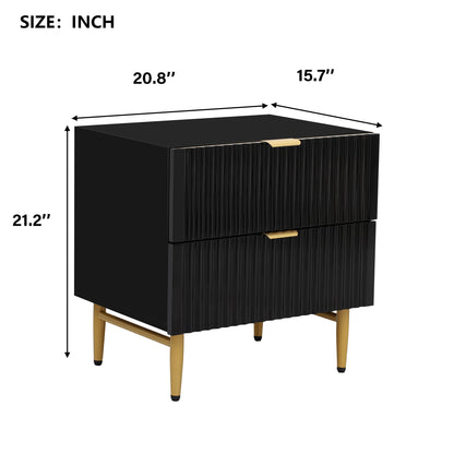 Nightstand with 2 Drawers & Golden Handle，Storage Bedside Table - Black