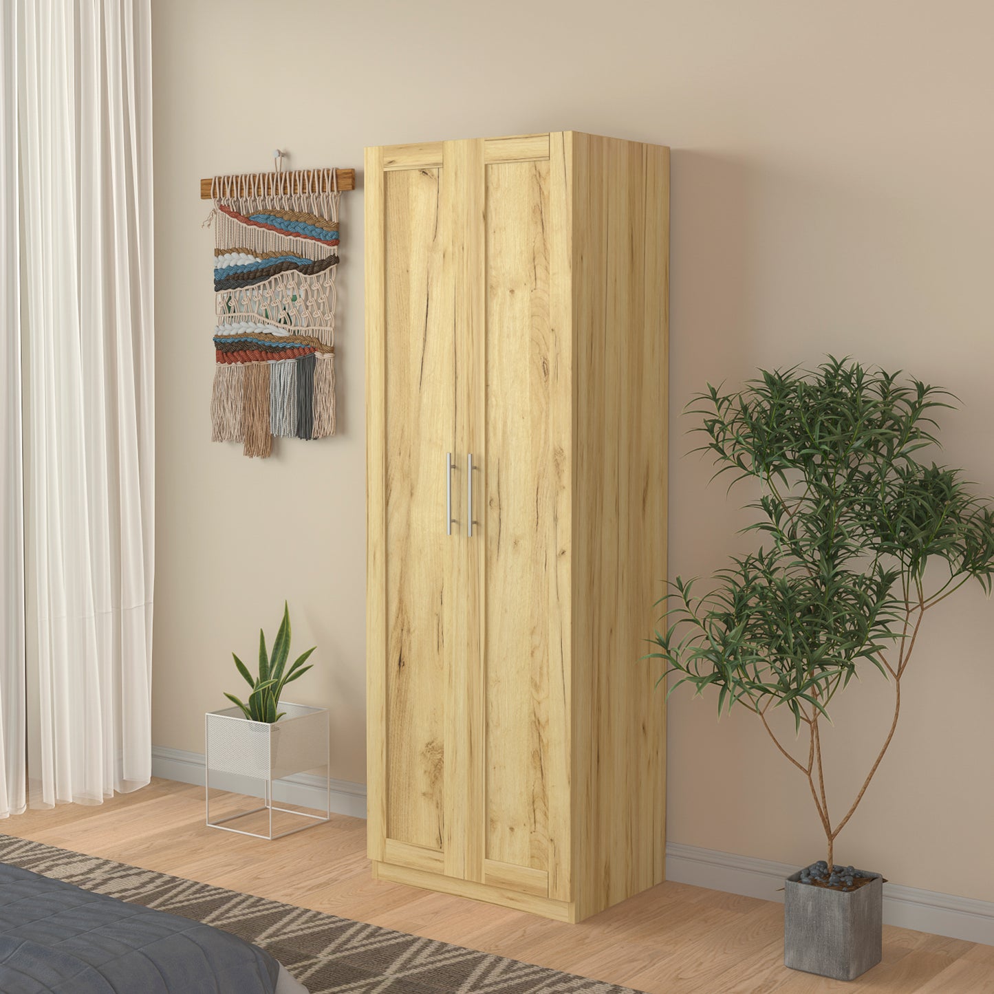 High wardrobe and kitchen cabinet with 2 doors and 3 partitions to separate 4 storage spaces,Oak