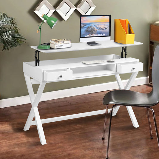 Lift Desk with 2 Drawer Storage, Computer Desk with Lift Table Top, Adjustable Height Table for Home Office, Living Room,white