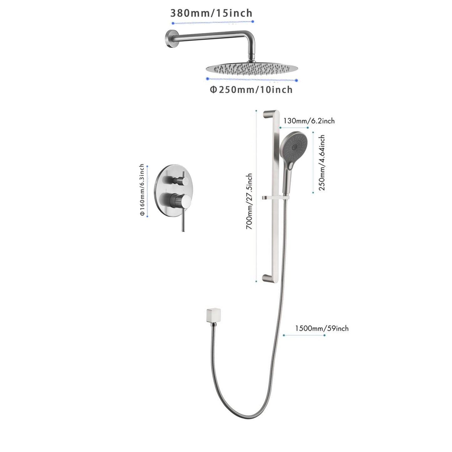 Shower System 10 Inch Square Bathroom Luxury Rain Mixer Shower Combo Set Pressure Balanced Shower System with Shower Head, Hand Shower, Slide Bar, Shower Arm, Hose, and Valve Trim