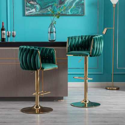 Set of 2  Bar Stools,with Chrome Footrest and Base Swivel Height Adjustable Mechanical Lifting Velvet + Golden Leg Simple Bar Stool-Green