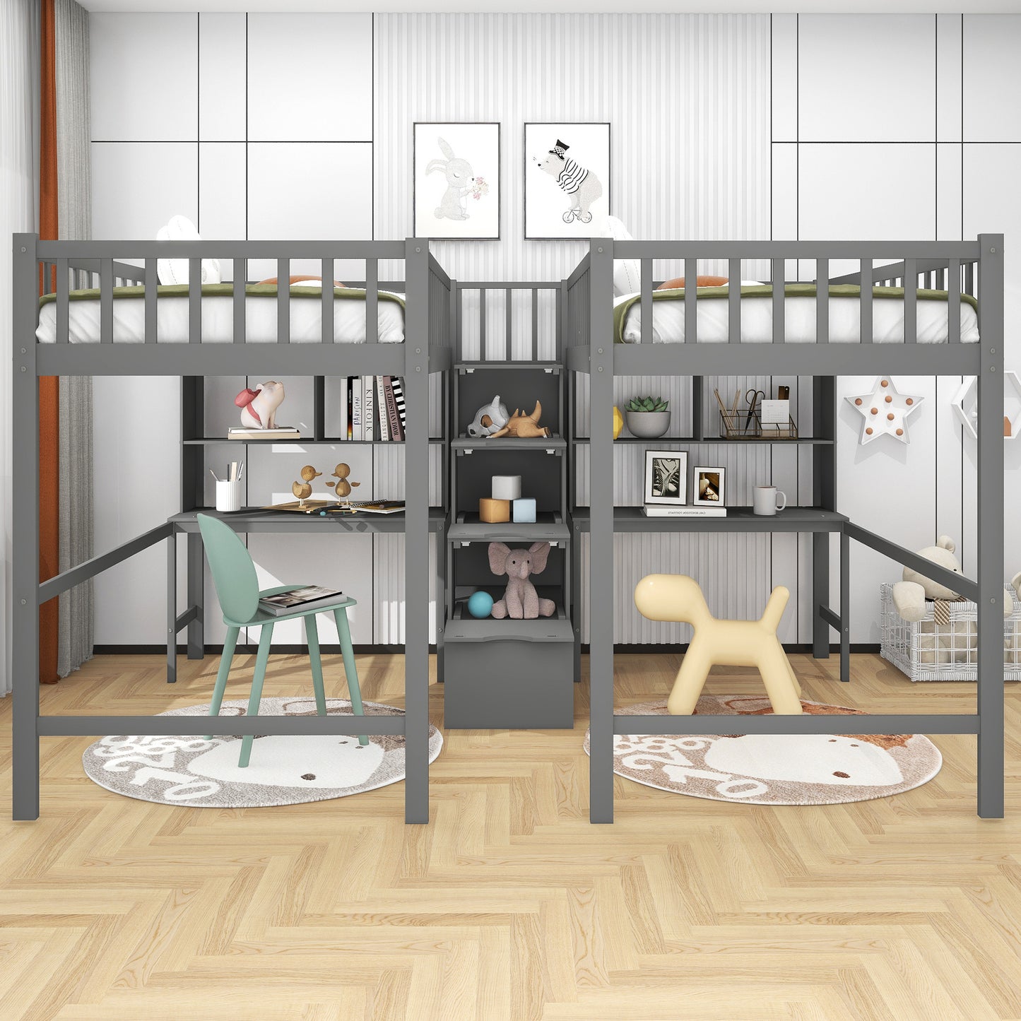 Twin & Twin Size Loft Bed with 2 Built-in Desks and Shelves, Storage Staircase, Gray