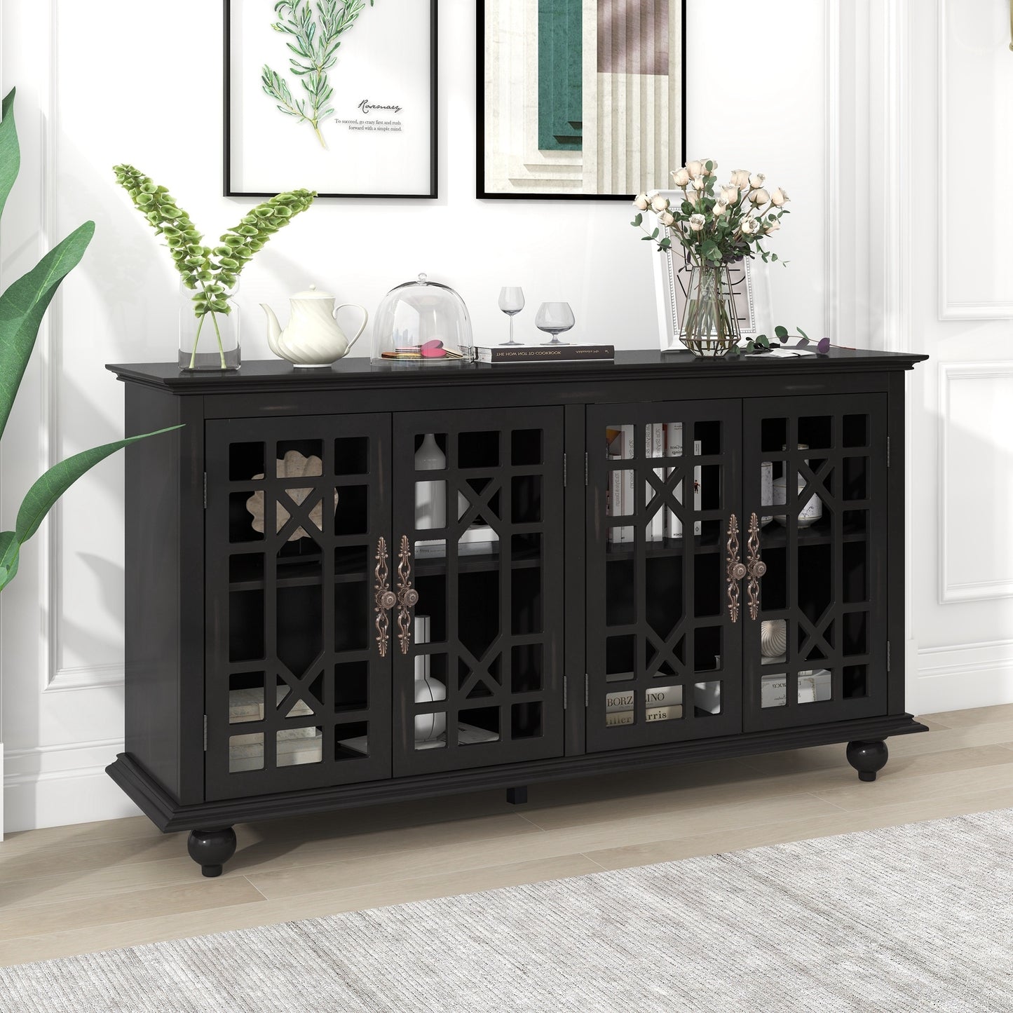 TREXM Sideboard with Adjustable Height Shelves, Metal Handles, and 4 Doors for Living Room, Bedroom, and Hallway (Espresso)