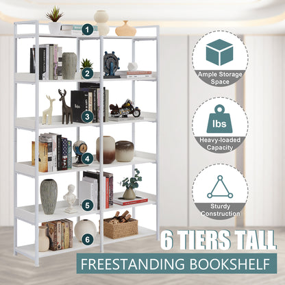 70.8 Inch Tall Bookshelf MDF Boards Stainless Steel Frame, 6-tier Shelves with Back&Side Panel, Adjustable Foot Pads, White