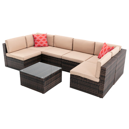 7Pcs Outdoor Garden Patio Furniture  PE Rattan Wicker  Sectional Cushioned Sofa Sets with 2 Pillows and Coffee Tablemodular sectional sofa sets