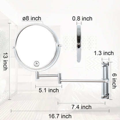 8-inch Wall Mounted Makeup Vanity Mirror, Height Adjustable, 1X / 7X Magnification Mirror, 360° Swivel with Extension Arm (Chrome Finish)